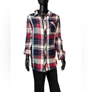 Women's Casual Plaid Button Down Shirt - Red and Blue